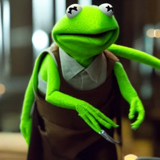 Image similar to Kermit the Frog as John Wick in a still from the film John Wick (2014)