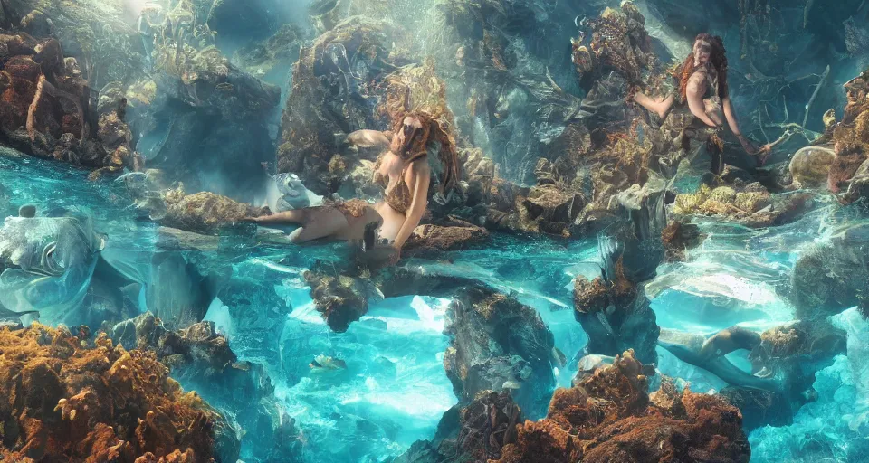 Prompt: fantasy underwater world with ancient buildings, mermaids and fish, light rays coming from above through the water, hyperrealistic, 8 k, octane render