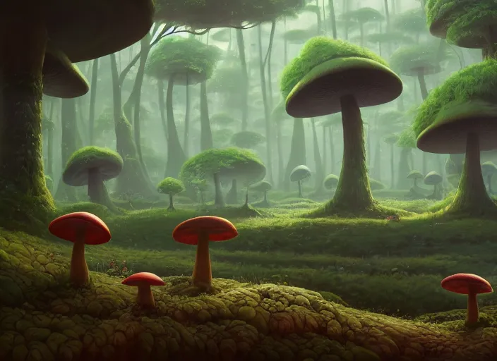 Image similar to an ultra detailed matte landscape of a giant mushroom forest, carmine birds, detailed, cory loftis, james gilleard, tomasz alen kopera, goro fujita, studio ghibli, rim light, exquisite lighting, clear focus, very coherent, plain background, soft painting