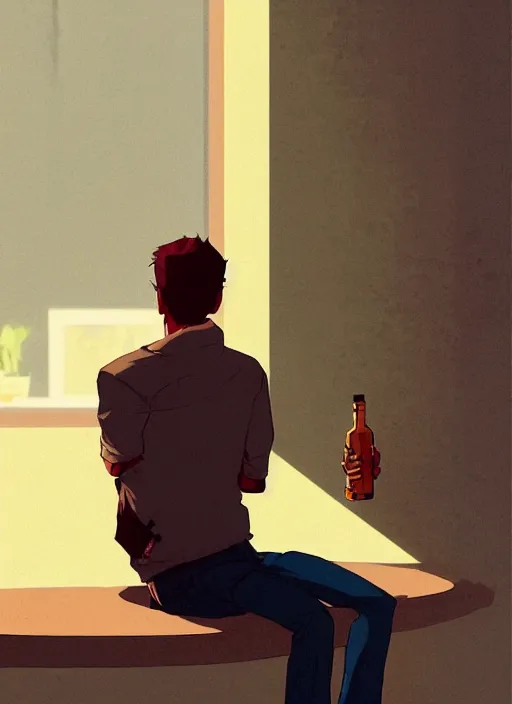 Prompt: a depressed and ugly man sitting in his apartment, bottles of alcohol next to him, in the style of artgerm, gerald brom, atey ghailan and mike mignola, vibrant colors and hard shadows and strong rim light, plain background, comic cover art, trending on artstation
