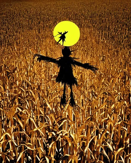 Prompt: scarecrow in the corn field at midnight, by chet zar, 8K DoP