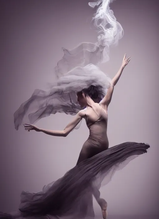 Image similar to a Photorealistic dramatic hyperrealistic render of a glamorous beautiful Female smoke dancer by Ken Brower and Deborah Ory of NYC Dance project,Lois Greenfield,Flowing cloth and smoke,Beautiful dynamic dramatic dark moody lighting,volumetric,shadows,cinematic atmosphere,Octane render,8K