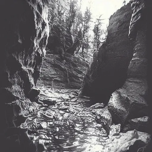 Image similar to a flooding cave, creepy, eerie, unsettling, terrifying, jagged rocks, dark, grainy, noisy, slightly blurry, polaroid, deep!!!!!, dark!!!