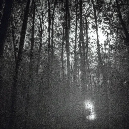 Image similar to grainy trail cam photo still of an alien in the woods at night hiding in the trees of a forest