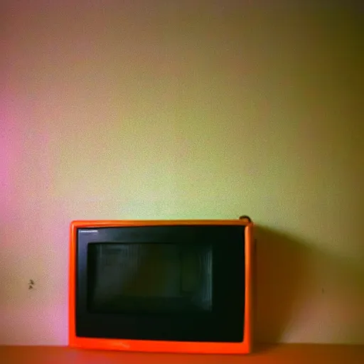 Prompt: low fidelity, low quality grainy image of a bright crt in a cluttered, claustrophobic orange room. the walls are closing in, the window to the digital soul stares intently