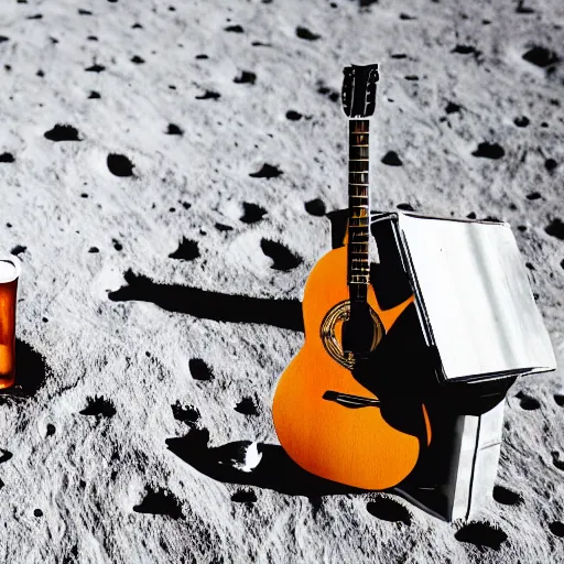 Prompt: photo of an idle electric guitar and a beer can sitting on the moon surface