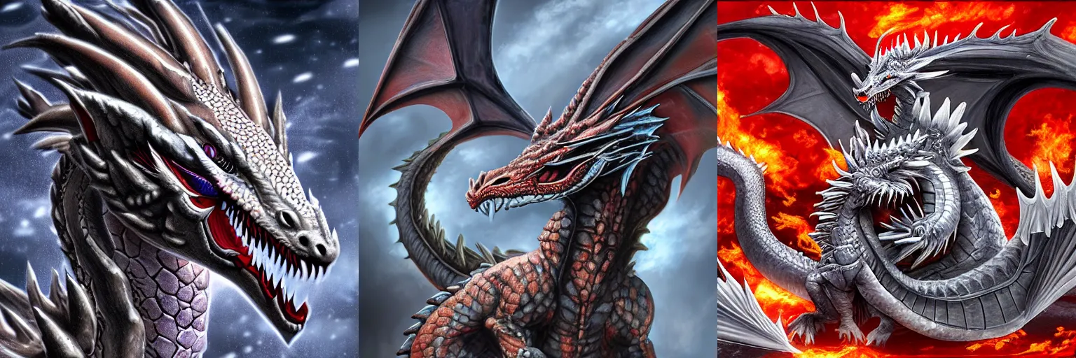 Prompt: hyperreal, detailed generic dragon, fire dragon, winter dragon, drache, dragonne, dragoon
