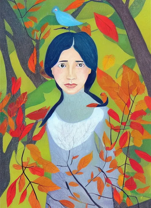 Image similar to a wonderful childrens illustration book portrait painting of a woman, art by tracie grimwood, colorful, trees, leaves, birds, whimsical, aesthetically pleasing and harmonious natural colors