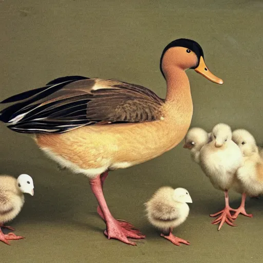 Prompt: a crossbreed of a turkey and a duck, with chicks, photo