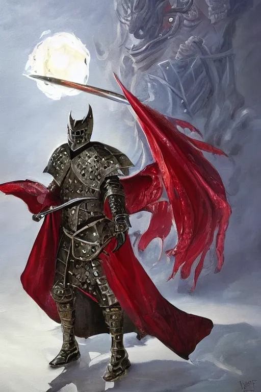 Prompt: a very elegant oil painting of a fantasy knight and a magical wizard robe made of dragon hide combination, using magic, magic leaking out of them, smooth painting, medieval armor, custom armor design, pointy, the red glows coming through the knight helmet, paint smears, digital art, character design, d & d character, heavy shading, by vasnetsov