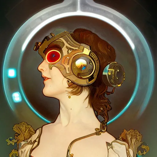 Prompt: A close-up portrait of a beautiful female cyborg wearing a segmented porcelain mask by Alphonse Mucha, exposed inner structure, brightly glowing eyes, art nouveau card, wlop, trending on artstation