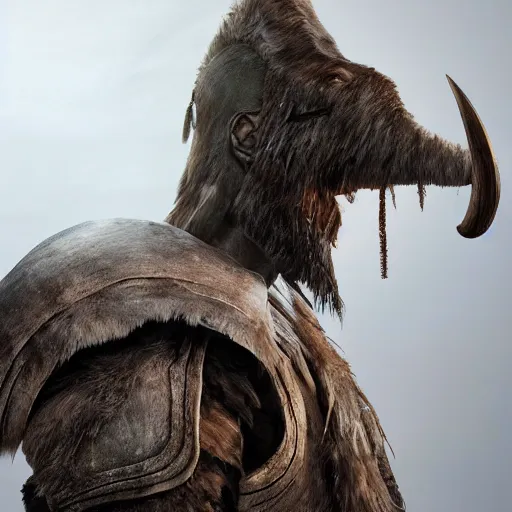 Image similar to hyperrealistic mixed media image of mammoth tusk and mammoth hide armor from skyrim, stunning 3 d render inspired art by greg rutkowski and xiang duan and thomas eakes, perfect facial symmetry, flesh texture, realistic, highly detailed attributes and atmosphere, dim volumetric cinematic lighting, 8 k octane detailed render, post - processing, masterpiece,