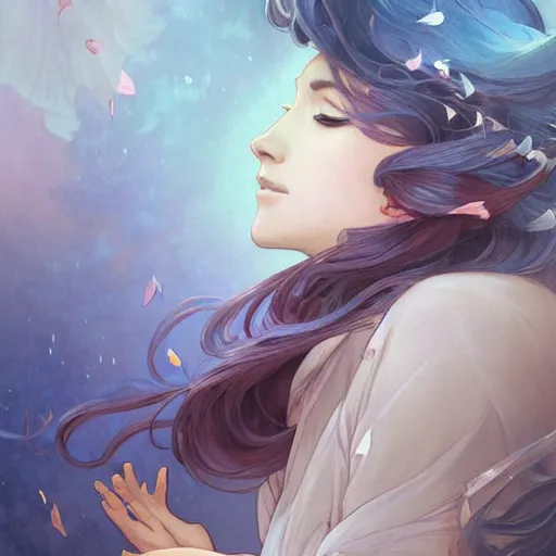 Prompt: a portrait of a spirit fox looking up as flower petals flow gently as a breeze blows them from left to right on a cloudy day with blue skies, art by artgerm and greg rutkowski and magali villeneuve and alphonse mucha and rossdraws and makoto shinkai, d & d, fantasy, highly detailed, digital painting, trending on artstation