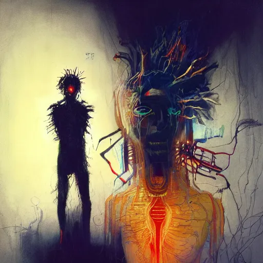 Prompt: technospiritual intervention, by michel basquiat and artgerm and seb mckinnon and greg rutkowski, featured on artstation, fine art, mixed media, highly detailed, sharp, in focus