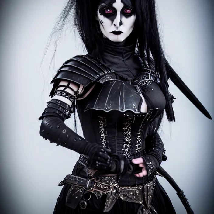 Image similar to professional full length photograph of a beautiful female goth warrior. Extremely detailed. 8k