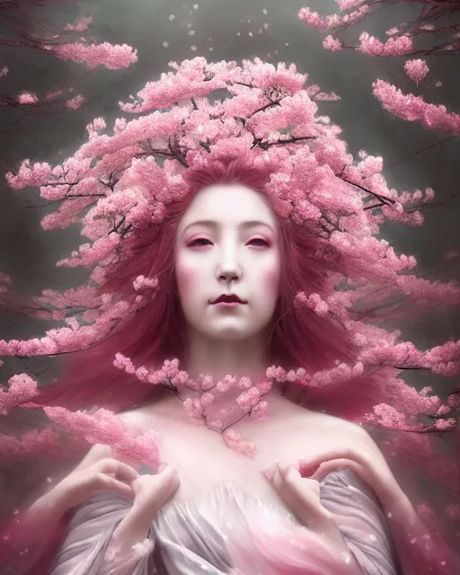 Image similar to Full View Portrait Mystical ethereal Cherry Tree deity made of Sakura blossoms wearing beautiful dress, Sakura Dryad made of Sakura beautiful dress with pink hair, 4k digital masterpiece by Tom Bagshaw and Alberto Seveso, in the style of Ruan Jia, fantasycore, Hyperdetailed, realistic oil on linen, soft lighting, Iconography background, featured on Artstation