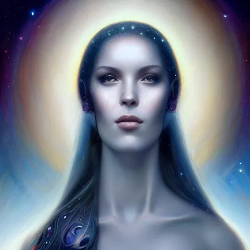 Prompt: a beautiful portrait of a cosmic goddess by Jim Burns and Tom Bagshaw, Trending on Artstation, nebula background