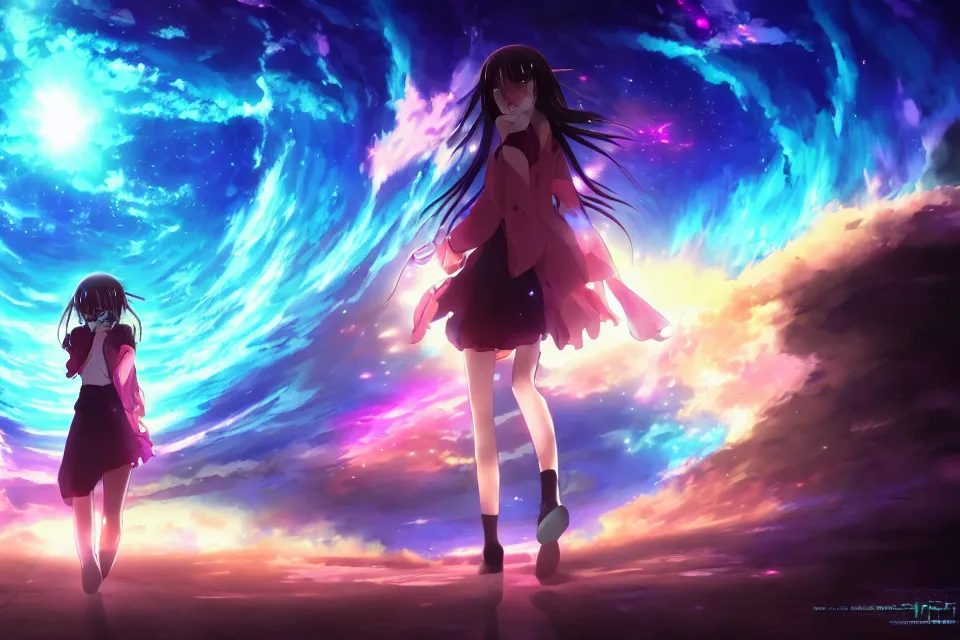 Image similar to Anime key visual of a brunette girl walking through a portal between worlds, surrounded by cosmic skies, official media, trending on artstation