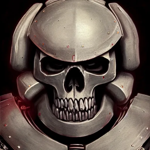 Prompt: space marine skull helmet, terrifying, grimdark, photorealistic, front view, symmetrical, artstation, art by brom