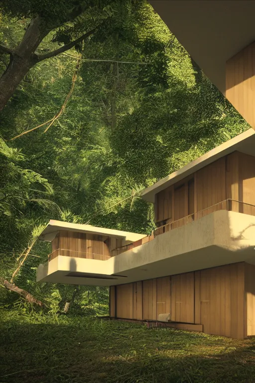Image similar to architecture inspired by le corbusier in the rainforest. octane render. global illumination. atmospheric. photorealistic. warm colors.
