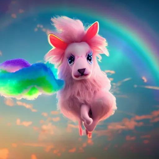 Image similar to cutest huge fantasy cloud animal, with sprouting rainbow hair, hd, japanese anime artist drawn, dlsr, dream animal cute eyes, trending on artstation, cotton candy, octane render, cinematic