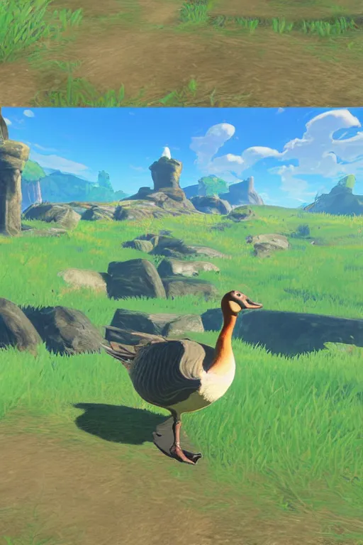 Image similar to in game footage of a goose from the legend of zelda breath of the wild, breath of the wild art style.