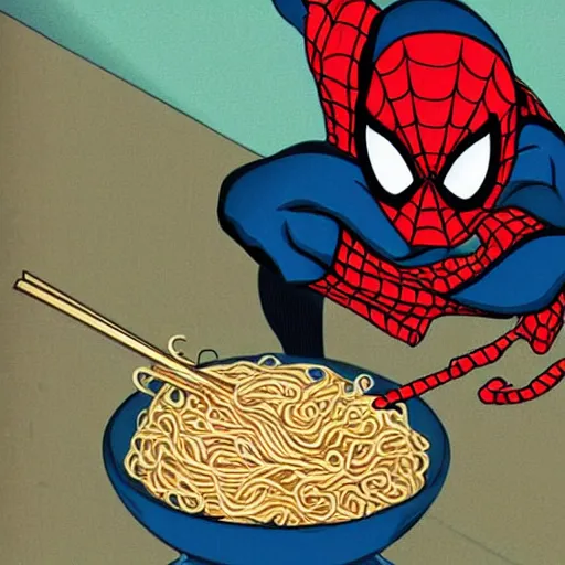 Prompt: spiderman eating noodles, old illustration for children's old book