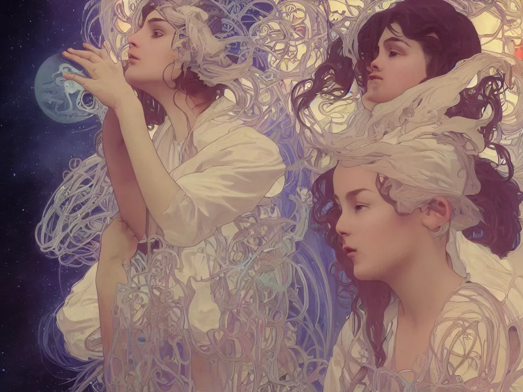 Prompt: Future godly calm scientist discovers the cure on space station lab, close-up, portrait, ethereal, elegant, intricate, beautiful, digital painting, artstation, concept art, smooth, sharp focus, by Alphonse Mucha