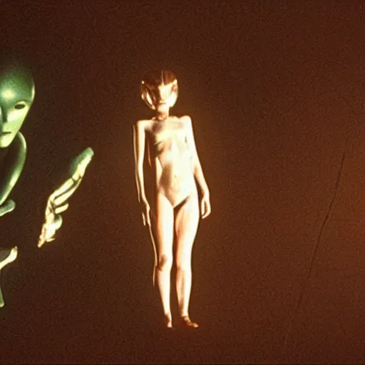 Image similar to movie still of the alien girl, cinematic composition, cinematic light, by david lynch and guillermo del toro