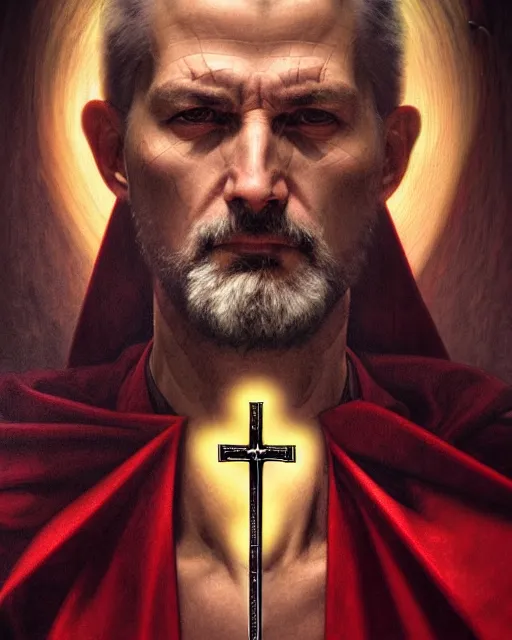 Image similar to realistic portrait of a nasty bishop, inverted cross, evil, heroic pose, beautiful face, bible, full body, dramatic lighting, intricate, wild, highly detailed, digital painting, artstation, concept art, smooth, sharp focus, illustration, art by artgerm and greg rutkowski and alphonse mucha, footage from space camera