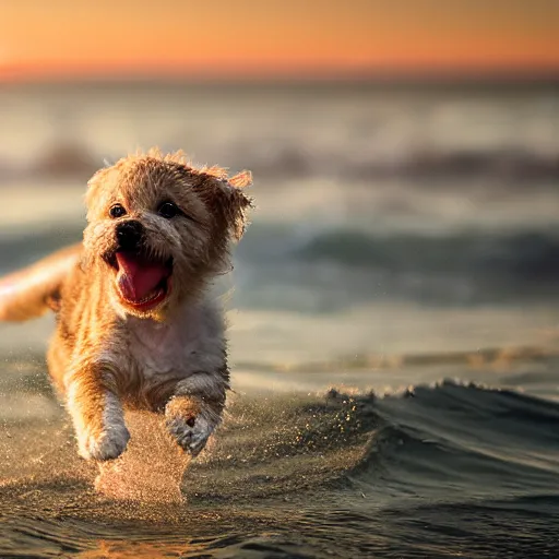 Image similar to a closeup photorealistic photograph of a cute smiling tiger bichon puppy splashing in the surf during sunset. professional capture, well lit shot. this 4 k hd image is trending on artstation, featured on behance, well - rendered, extra crisp, features intricate detail, epic composition and the style of unreal engine.