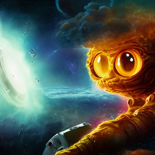 Prompt: one eldritch garfield in space, galaxy, hd, 8 k, explosions, gunfire, lasers, giant, epic, realistic photo, unreal engine, stars, prophecy, powerful, cinematic lighting, destroyed planet, debris, movie poster, violent, sinister, ray tracing, dynamic, print, epic composition, dark, lasagna, horrific