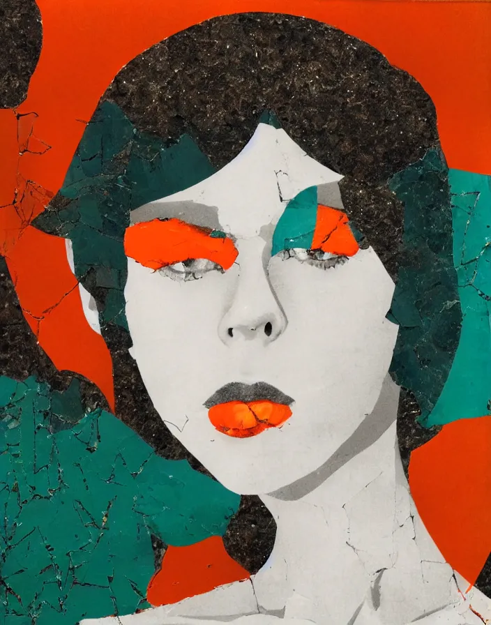 Prompt: languid temptation. minimalistic paper collage with shattered glass texture in style of contemporary art, punk art, photorealistic face, expressionism, masterpiece, perfect composition, photorealistic beautiful face, spectacular quality, intricate oil details, orange, red, cyan, green, black