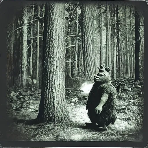 Image similar to 1 9 6 0's old polaroid of shrek staring from the depths of the dark gloomy forest, photorealistic, grainy, found footage, old film, low quality, horror, creepy, unsettling, liminal, strangely terrifying