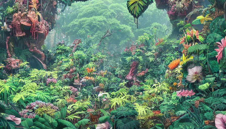 Prompt: flowery jungle by shigeru mizuki, hyperdetailed, artstation, cgsociety, 8 k