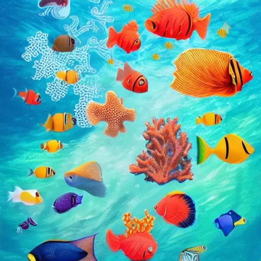 Prompt: a beautiful ocean full with tropical fish and coral, Trending on artstation