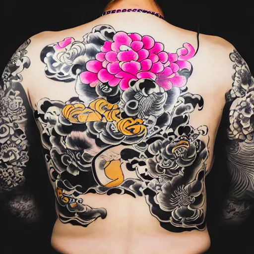 Image similar to photography of the back of a woman with a black detailed irezumi tatto representing a gold tiger with pink flowers on her entire back, dark hangar background, mid-shot, editorial photography