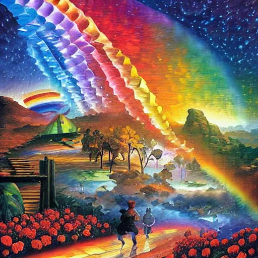 Prompt: rainbow road by james christensen, rob gonsalves, paul lehr, leonid afremov and tim white