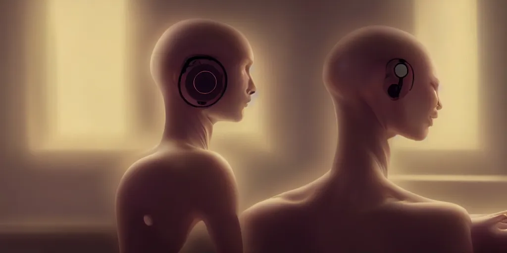 Prompt: A humanoid A.I. listens to a stream of music, converting it into a mesmerizing music video frames with its hands - award-winning artwork by WLOP