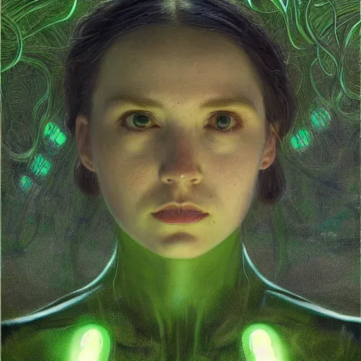 Prompt: Portrait Masterpiece, Wanda Maximoff, green, glowing, wires everywhere, by Edgar Maxence and Ross Tran, Zdzisław Beksiński, and Michael Whelan, distant, gustav dore, H.R. Giger, 8k, octane render