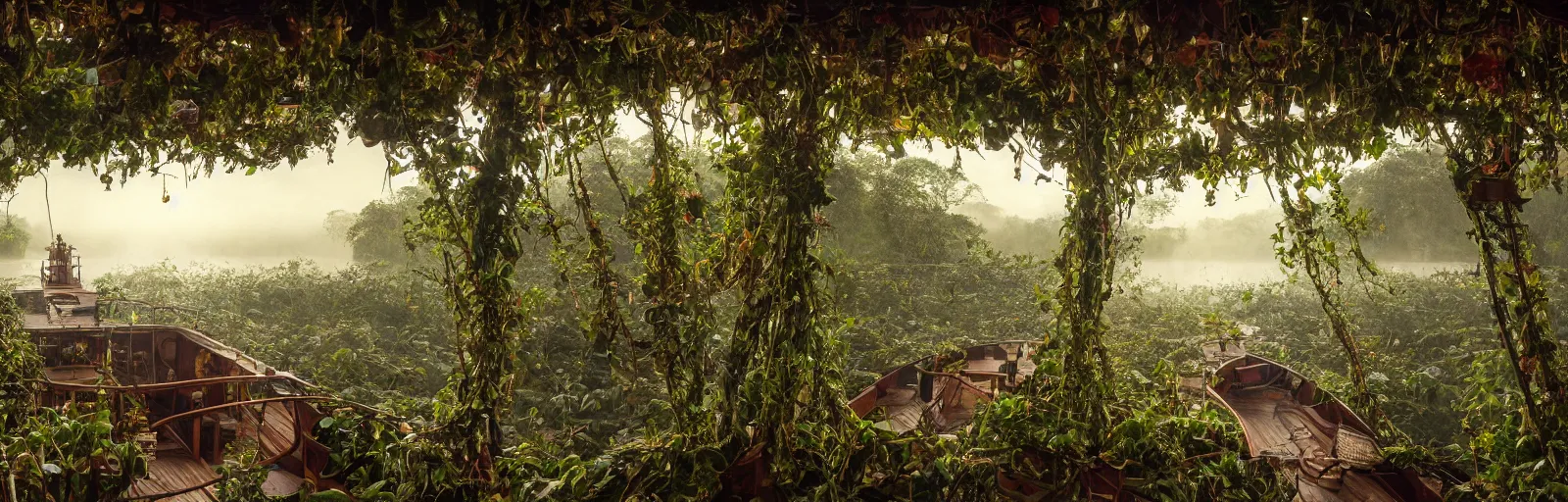 Prompt: A wooden, beautiful 1880's steamboat overgrown with intricate vines, flowers, snakes, anacondas and exotic vegetation floating down on the Amazon river. Faint lights from inside the ship. Steam. Birds circulating. The boat looks like an island. Ecosystem. Photo by Stanley Kubrick. Photorealistic. Sunset. Volumetric lights. Mist. hyper-maximalistic, with high detail, cinematic, 8k resolution, beautiful detail, insanely complex details.