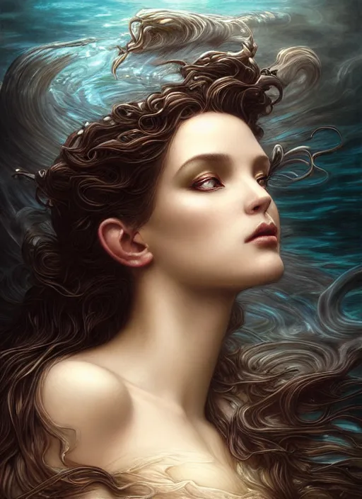 Image similar to heavenly goddess of coffee portrait of a seductive siren dreaming in underwater murky light, wind blown hair! dark fantasy esoteric, closeup, d & d, fantasy, intricate, elegant, highly detailed, digital painting, artstation, concept art, matte, sharp focus, illustration, art by artgerm and tom bagshaw and greg rutkowski and alphonse mucha