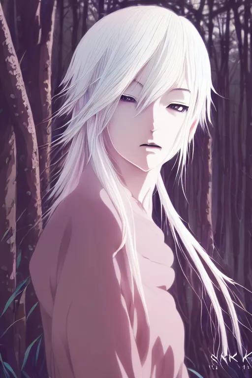 Prompt: anime portrait of the forest maiden,white hair,murata range, shigeto koyama,kyoto animation, Ilya Kuvshinov, bright colors, beautiful, 28mm lens, vibrant, smooth gradation, cinematic, rule of thirds, great composition, intricate, detailed, flat, matte print