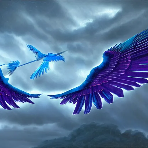 Prompt: Mythical Blue and Purple Thunderbird With Spread Wings Is Flying Through a Thunderstorm, Dramatic Lighting, Artstation