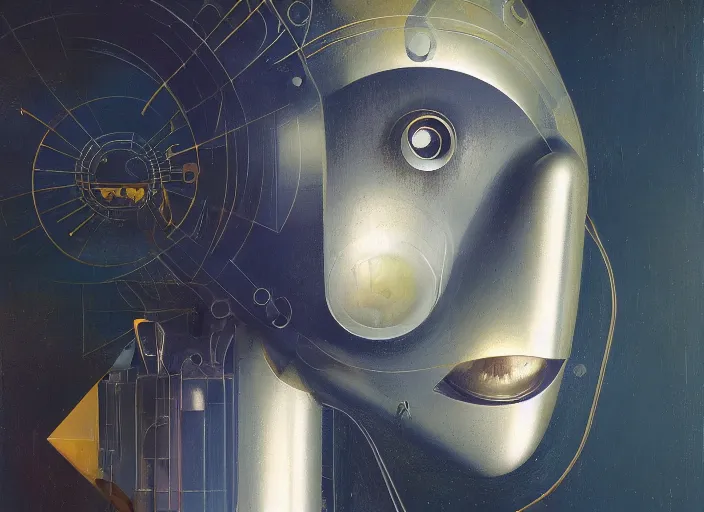 Image similar to a portrait headshot of sci fi metallic human, bright eyes, melancholic complex geometric figure liminal machinery by oskar schlemmer, moebius, john berkey, film grain, oil on canvas, portrait facial head, featured on artstation, hd wallpaper, 8 k, bright colors, global lighting