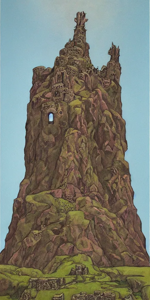 Image similar to a sinister expressive gouache painting of a incan castle by roger dean in the style of art - nouveau art, 8 k