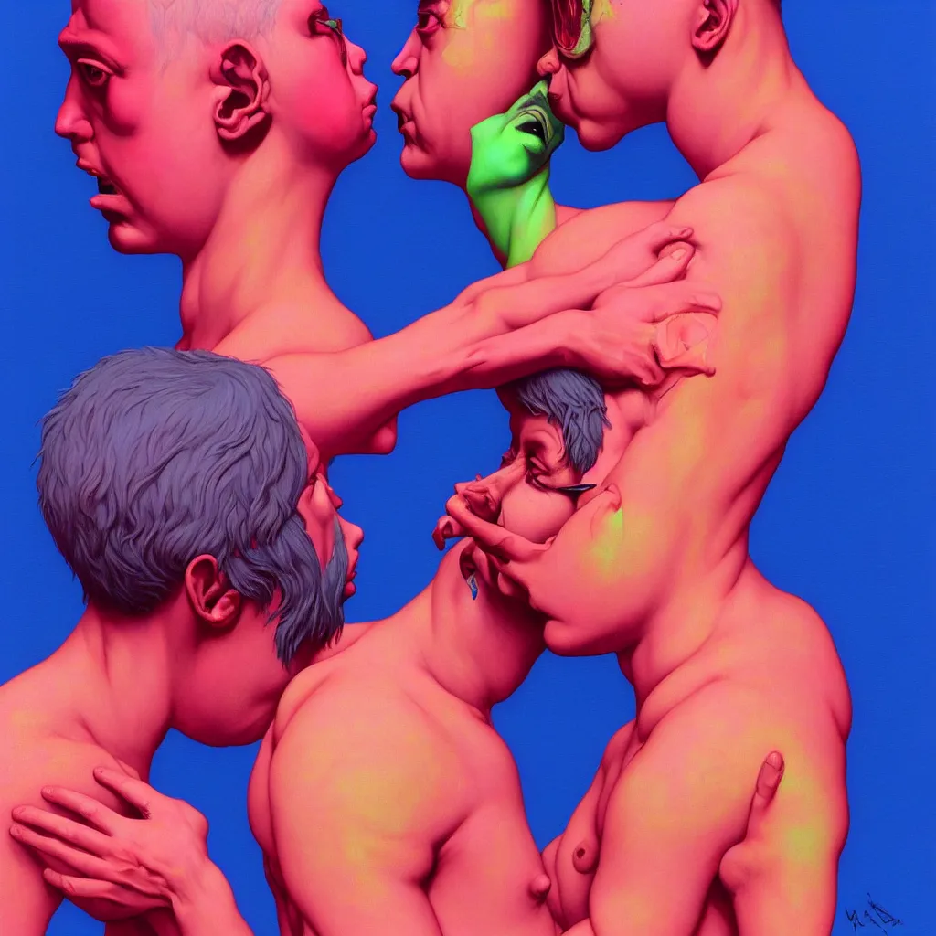 Prompt: weird and disturbing portrait of scared todd solondz kissing himself, full body, thong, wide open eyes. vivid colors, neon, art by ( ( ( kuvshinov ilya ) ) ) and wayne barlowe and francis bacon and artgerm and wlop and william - adolphe bouguereau