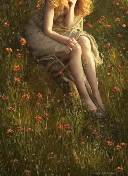 Image similar to Christina Hendricks taking a rest in a meadow after an long adventure, a ruggedly muscled handsome heroine, intricate, elegant, highly detailed, centered, digital painting, artstation, concept art, smooth, sharp focus, illustration, artgerm, donato giancola, Joseph Christian Leyendecker, WLOP, Artgerm, thunder storm