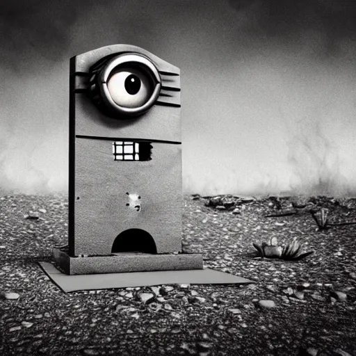 Prompt: Minion, George Miller, Photorealistic, Hyper detailed, desert, post apocalyptic, fire, dust, black and white