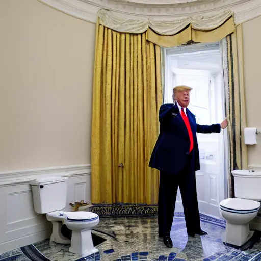 Prompt: donald trump putting peices of paper into an open toilet in the white house bathroom, 8 k photo